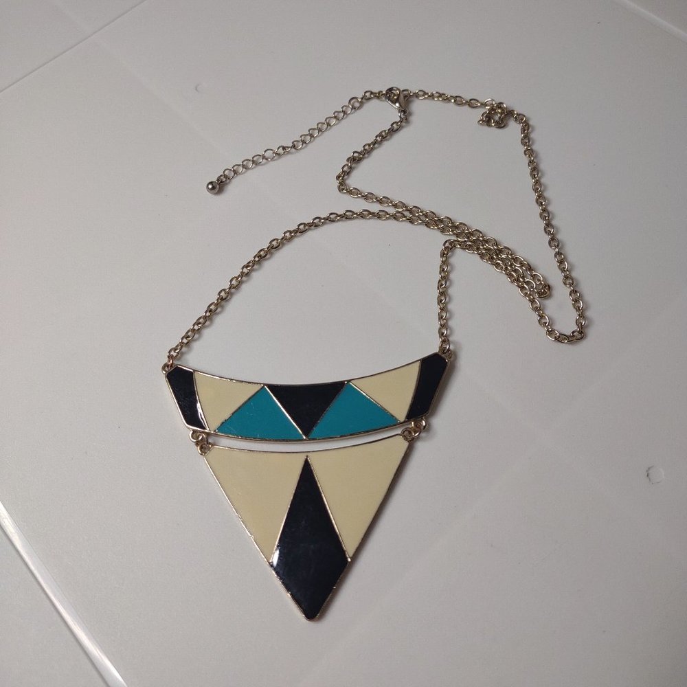 Off White, Blue, And Black Triangle Pendant Necklace Adjustable 23.5" To 25.5"